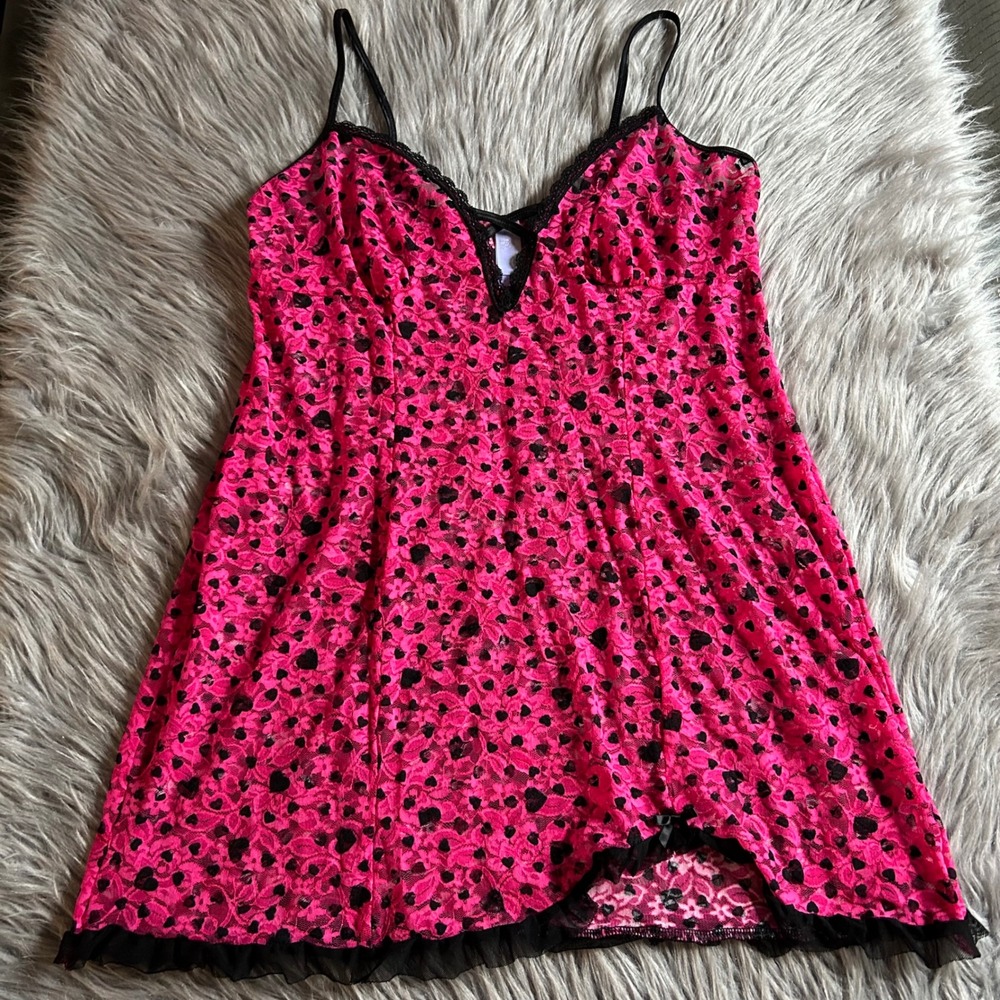 Secret Treasures Lingerie Slip Womens Size Large Pink Hearts Lace Sheer Pajamas